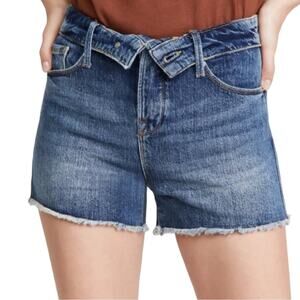 Good American Foldover Frayed Denim Cutoff Jeans Short In Blue Size 16